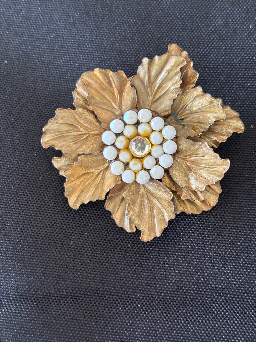 Vintage Gold Flower Brooch with White Bead Center